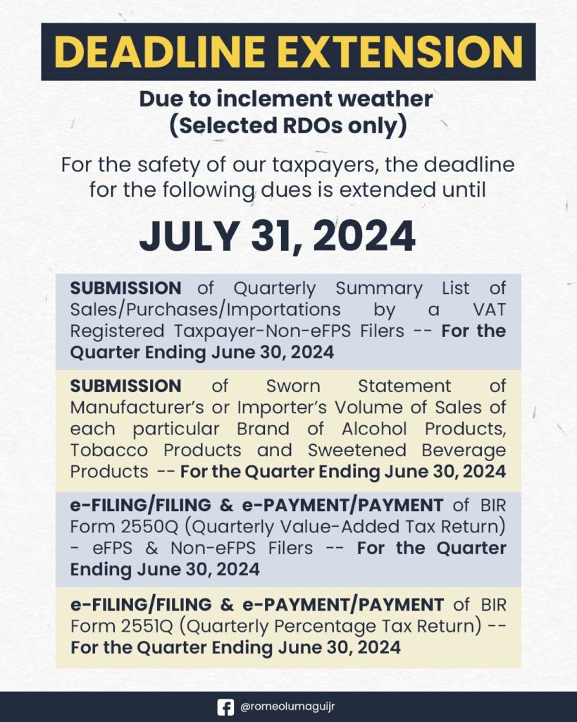 BIR extension of deadlines due to Typhoon Carina